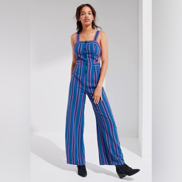 UO Ameliana Straight-Neck Button-Down Jumpsuit Linen Blend Blue Purple Size 10 - Picture 9 of 9